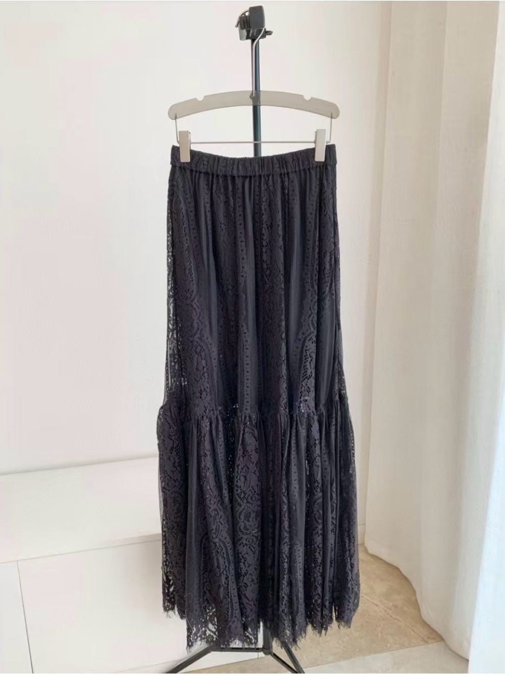 ELSA Black Lace Midi Maxi Skirt Size L Romantic Boho
